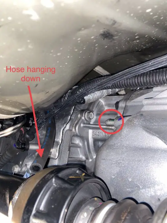 Hose hanging near transfer case 20192025 Chevy Silverado & GMC