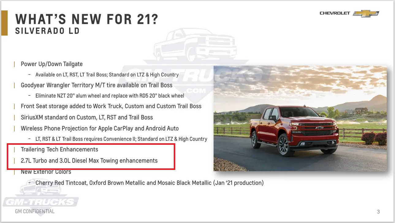 Silverado's 2.7L Turbo & 3.0L Diesel Engines Will Get "Max Towing Enhancements" For 2021