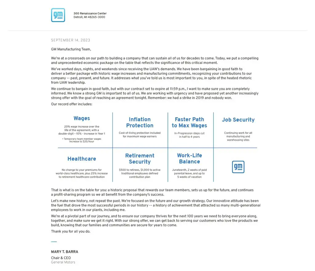 General Motors offer to the UAW As of September 14th, 2023