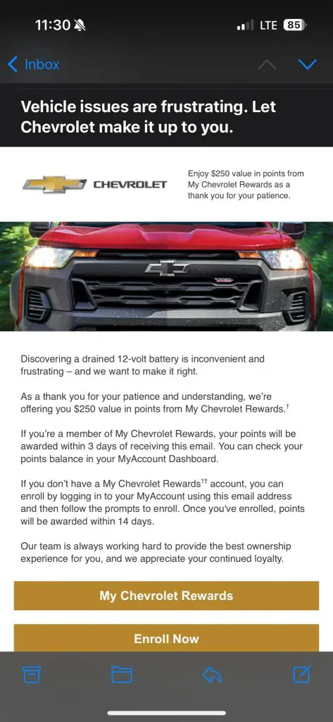 Chevrolet Is Giving Some Pickup Owners $250 3 An email one 2023 Colorado owner recently received offering $250 in Chevrolet Rewards Points
