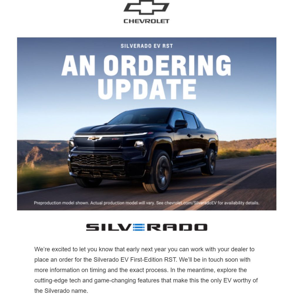 Silverado EV Reservation Holders Get Delivery Update - Not Anytime Soon 3 A screenshot of an email sent by Chevrolet to reservation holders with new details on the timeframe for ordering a Silverado EV RST First Edition