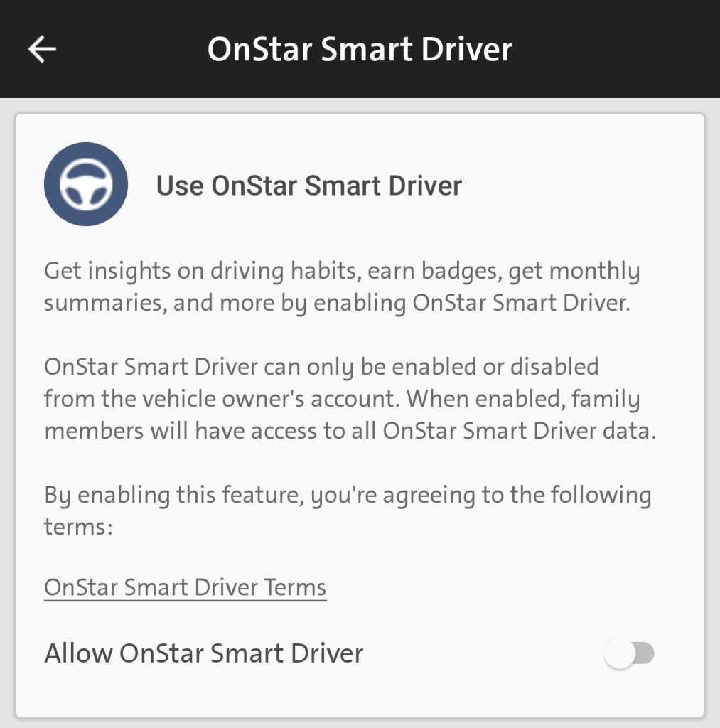 A screen shot of the "Smart Driver" feature toggle inside of the myGMC App. Our app had defaulted to "enabled" despite never opting in to the feature. 