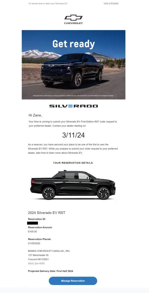 Chevrolet Silverado EV RST Buyers Will Get An Unexpected & Shocking Free Gift 2 The email that someone would get if they reserved a Chevrolet Silverado EV First Edition RST