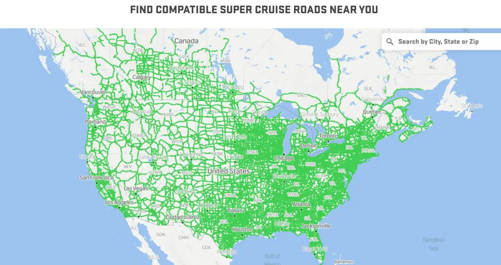 A map of Super Cruise Enabled Roads as of March 2024 taken from the GMC Website