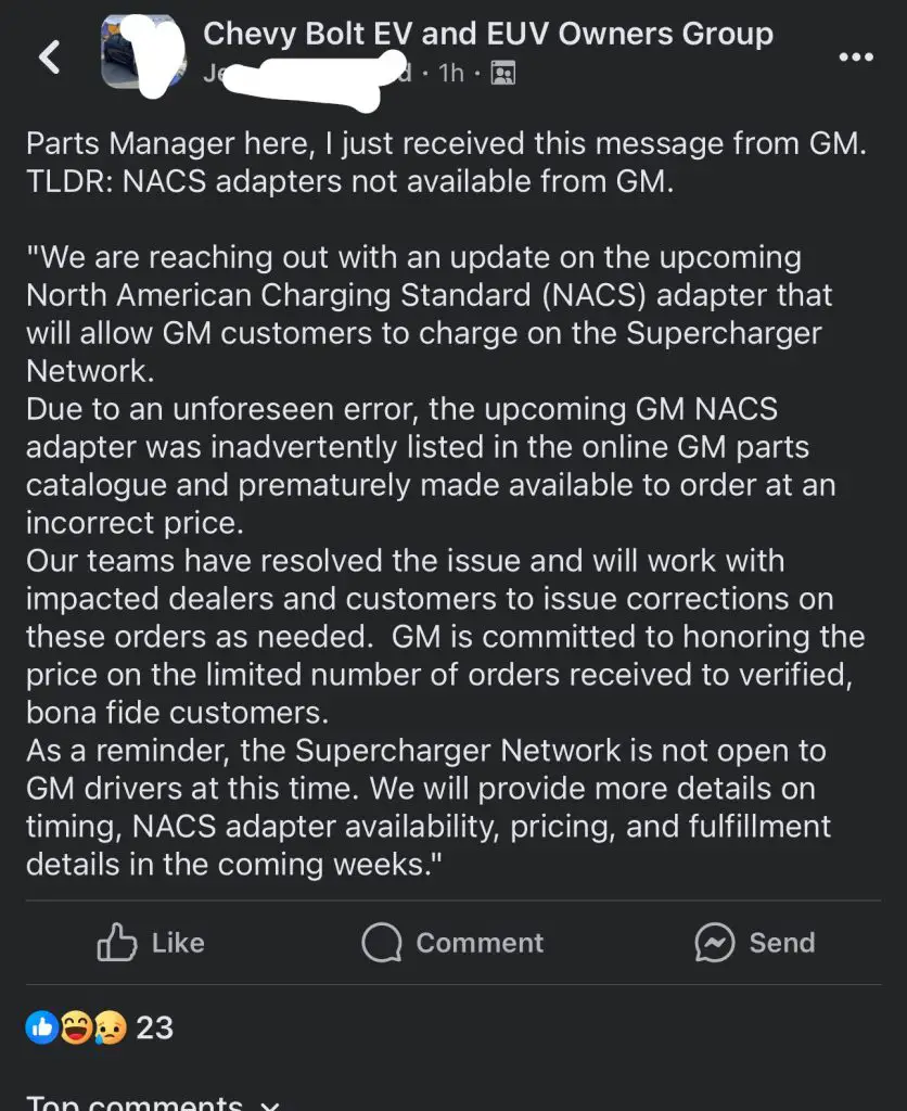 Premature Electrification: Official GM NACS Adapter Isn't On Sale After All 3 A GM Dealership Parts Manager Posted This To A Bolt EV Facebook Group Recently