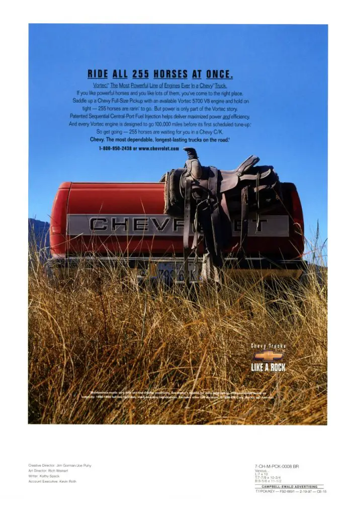 The Small Block Turns 70: A Look Back At The Heart Of Chevrolet 6 1997 Chevrolet truck ad featuring Vortec 5700 V8 engine with 255 horsepower.