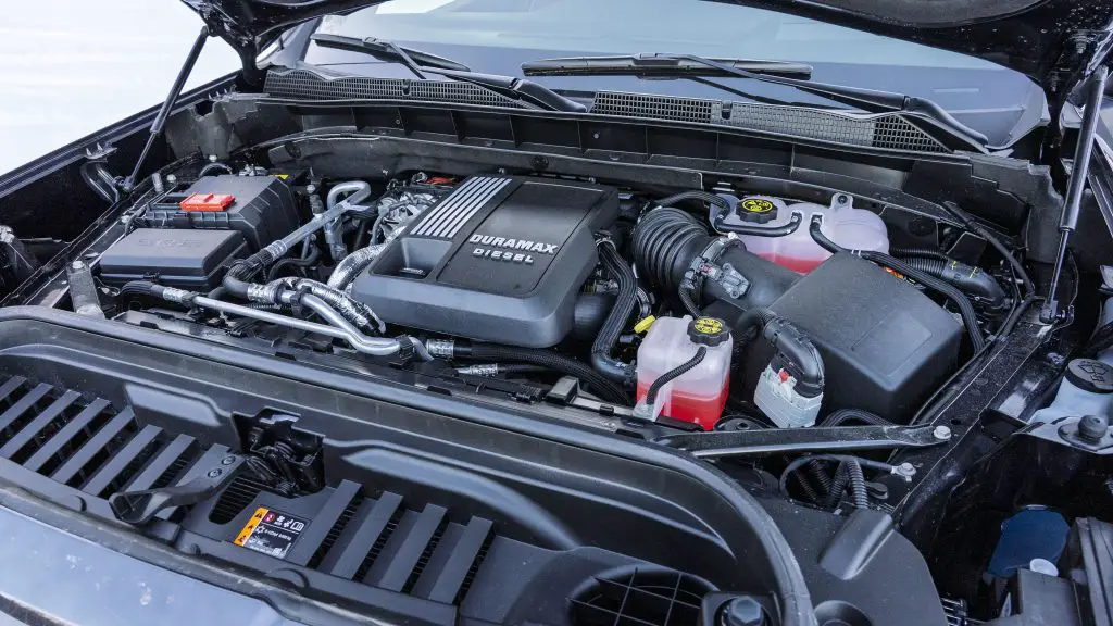 3.0L Duramax Diesel Engine under the hood of a GMC Sierra Denali