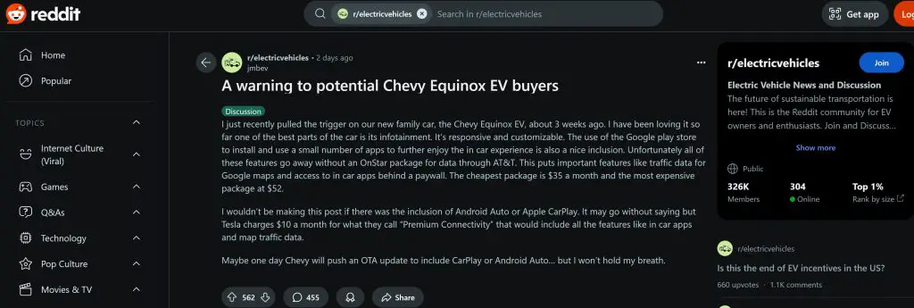 New Chevy Equinox EV Owner Expresses Frustration Over App Connectivity, Ignites Reddit Debate 3 Screenshot of a Reddit thread discussing frustrations with the Chevrolet Equinox EV's infotainment subscription model."Screenshot of a Reddit thread discussing frustrations with the Chevrolet Equinox EV's infotainment subscription model.