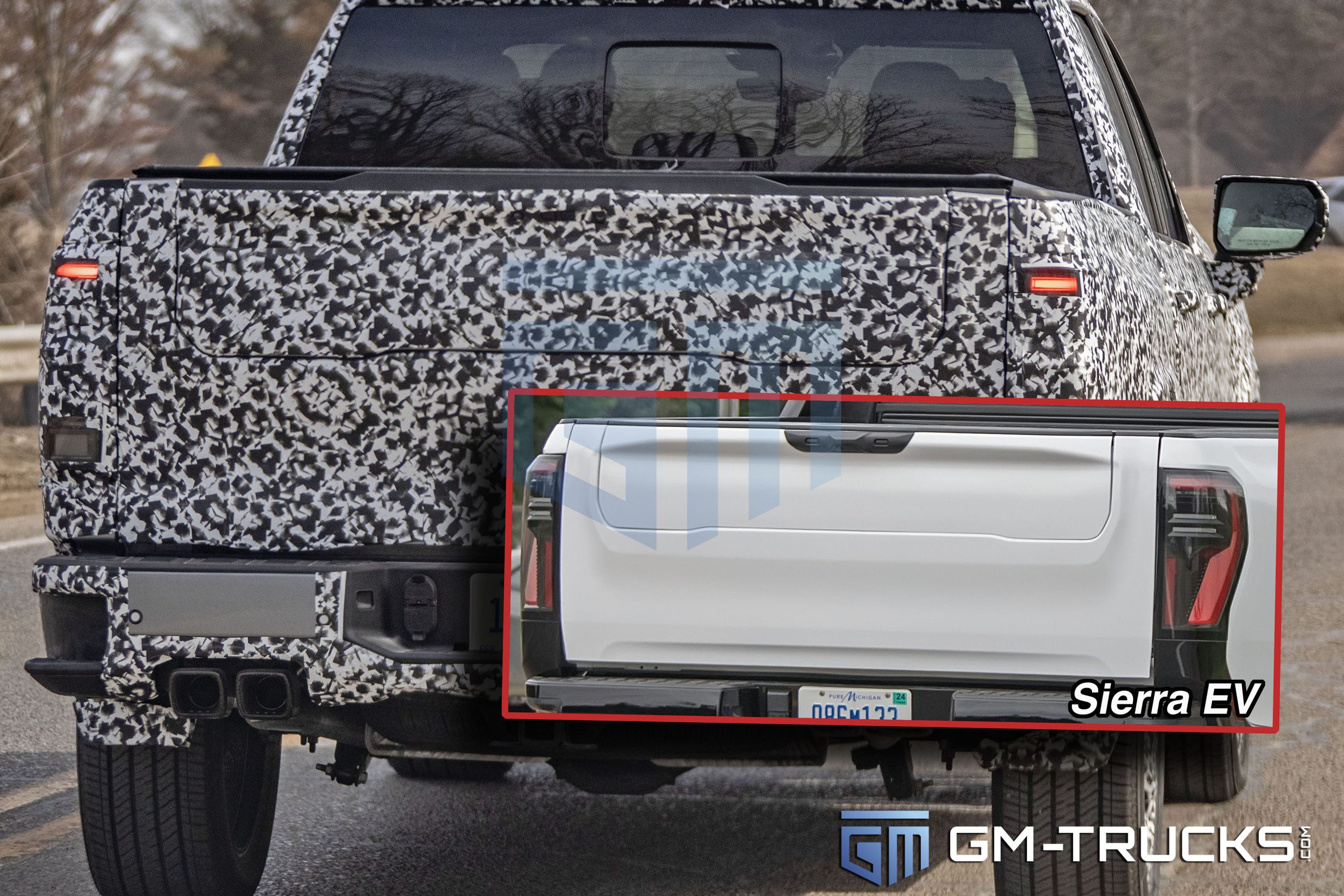 SPY SHOTS: 2027 GMC Sierra 1500 Denali & AT4 Break Cover – Full Interior Exposed! 7 A side-by-side comparison of the 2027 GMC Sierra 1500 prototype's camouflaged rear and the production GMC Sierra EV's tailgate, highlighting the identical MultiPro cut-lines and integrated quad-exhaust tips.