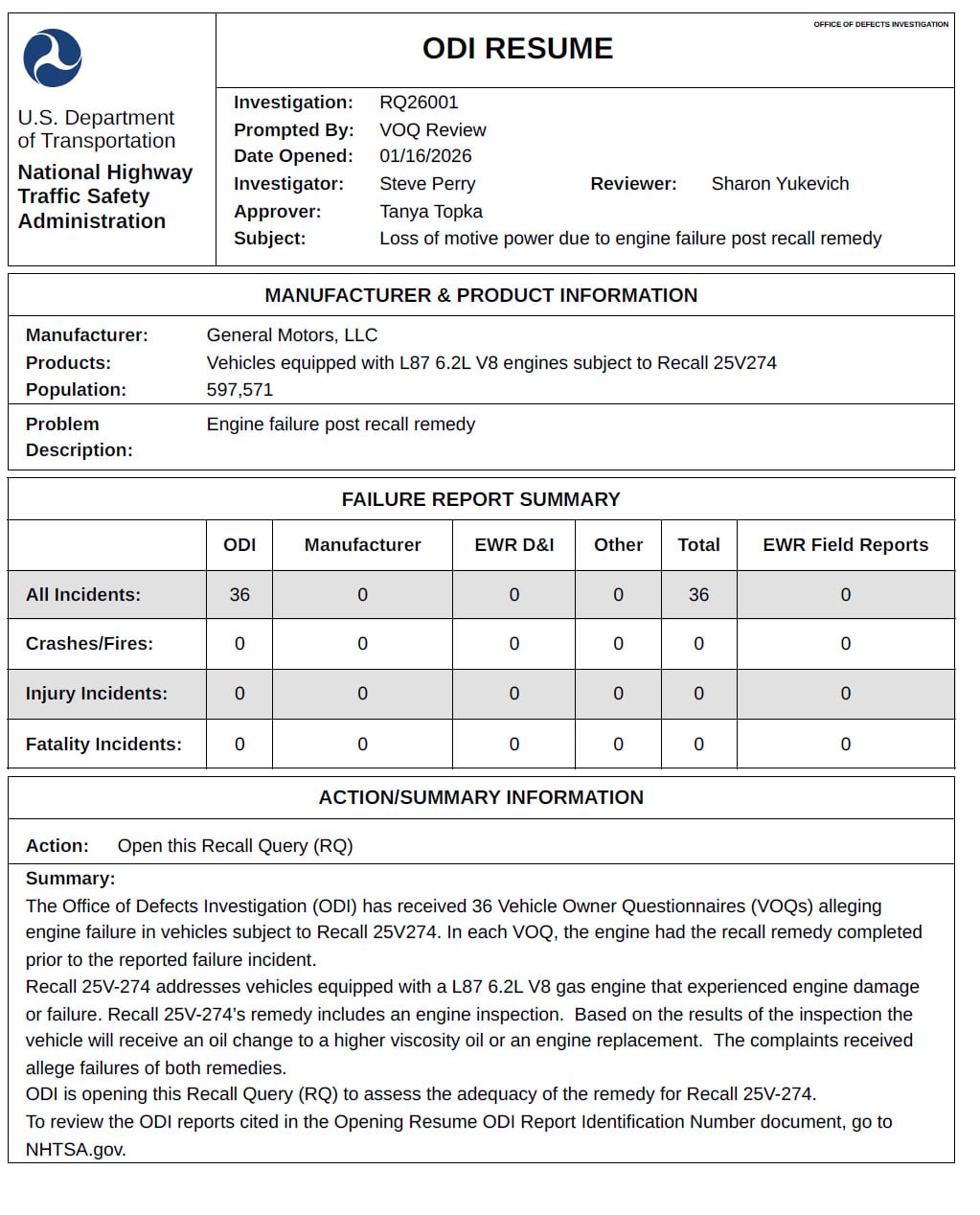 Is GM’s 6.2L V8 Engine Recall Failing? The Government Is Now Investigating 3 The official NHTSA Office of Defects Investigation resume document for investigation RQ26001, detailing the review of 597,571 General Motors vehicles equipped with the 6.2L V8 engine that are experiencing engine failure post-recall remedy.