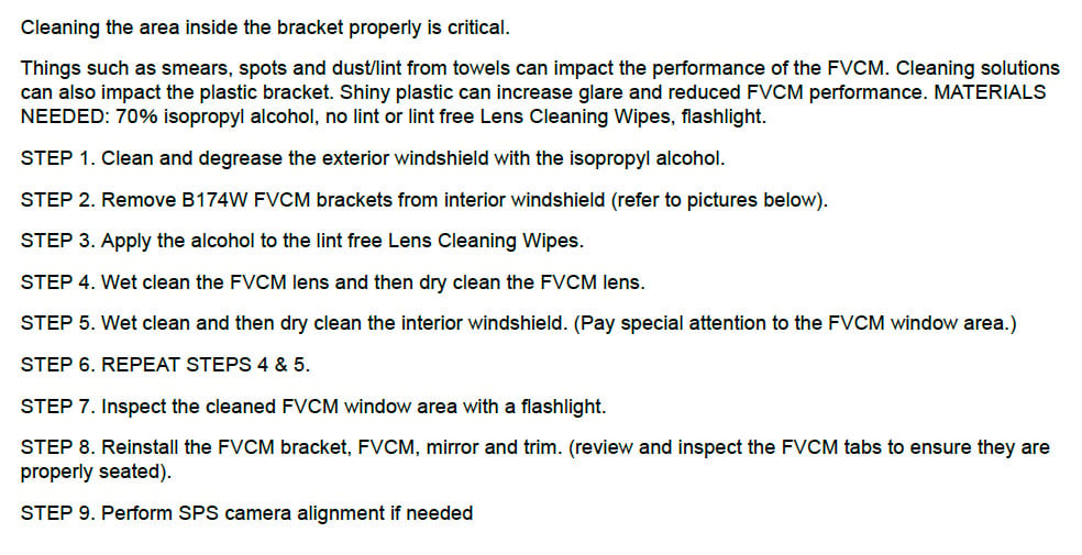 "Service Forward Collision" on a Silverado or Sierra? Try Cleaning the Glass, Dummy. 3 A screenshot of the 9-step Front View Camera Module cleaning procedure from GM Technical Service Bulletin PIT6473B, detailing the required materials like 70% isopropyl alcohol and lint-free wipes.