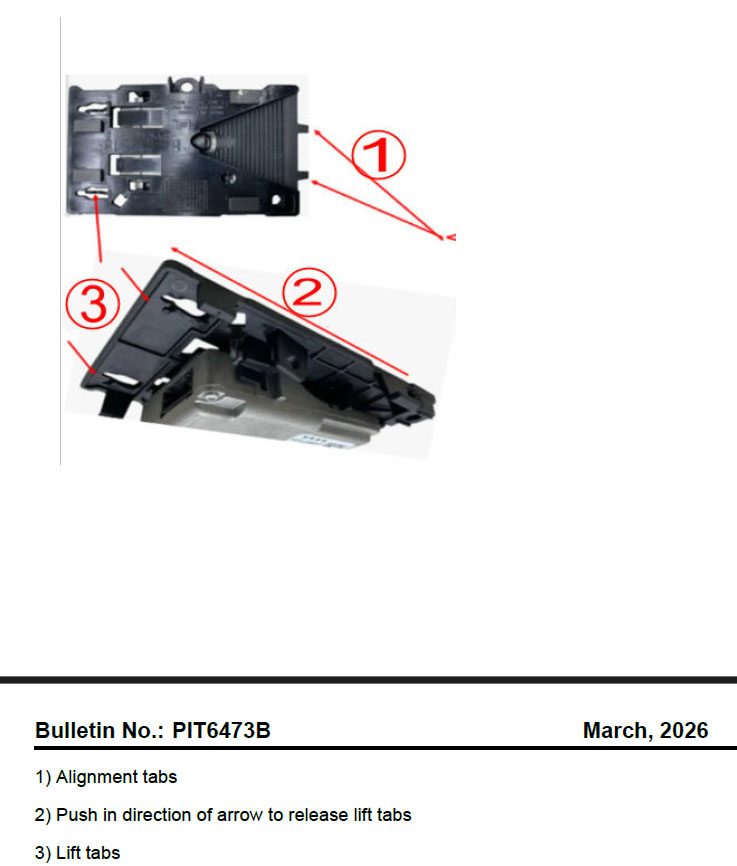 "Service Forward Collision" on a Silverado or Sierra? Try Cleaning the Glass, Dummy. 4 A technical diagram from GM Service Bulletin PIT6473B showing the black plastic Front View Camera Module bracket. Red numbered arrows point to the alignment tabs, the direction to push to release the lift tabs, and the lift tabs themselves.