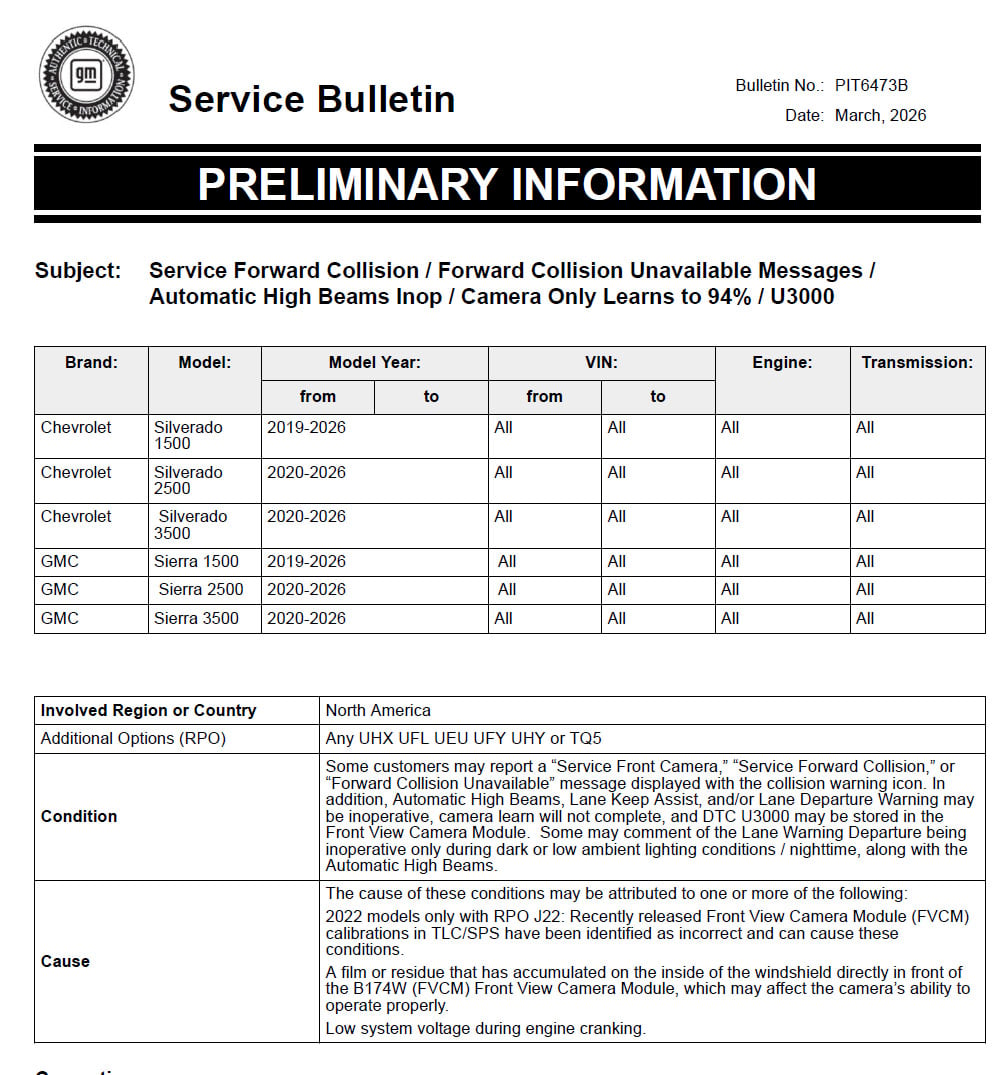 "Service Forward Collision" on a Silverado or Sierra? Try Cleaning the Glass, Dummy. 2 Screenshot of General Motors Service Bulletin PIT6473B detailing conditions like "Service Forward Collision" and "Automatic High Beams Inop" for 2019 through 2026 Chevrolet Silverado and GMC Sierra trucks.