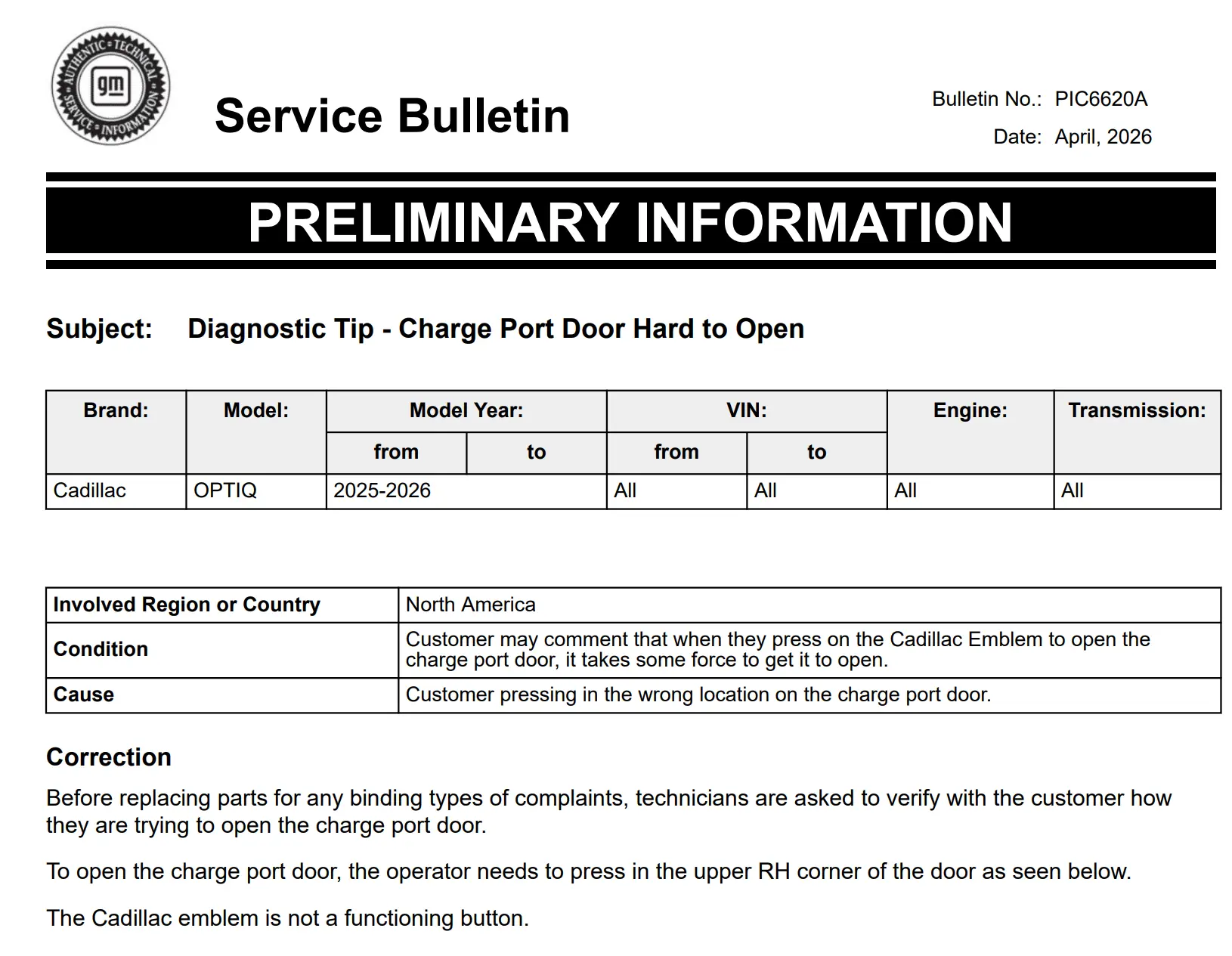 Cadillac To Optiq Owners: That Emblem Is Not A Button, Stop Pushing It 2 A screenshot of GM Service Bulletin PIC6620A detailing a diagnostic tip for 2025 and 2026 Cadillac Optiq models where customers are pressing the wrong location to open the charge port door.