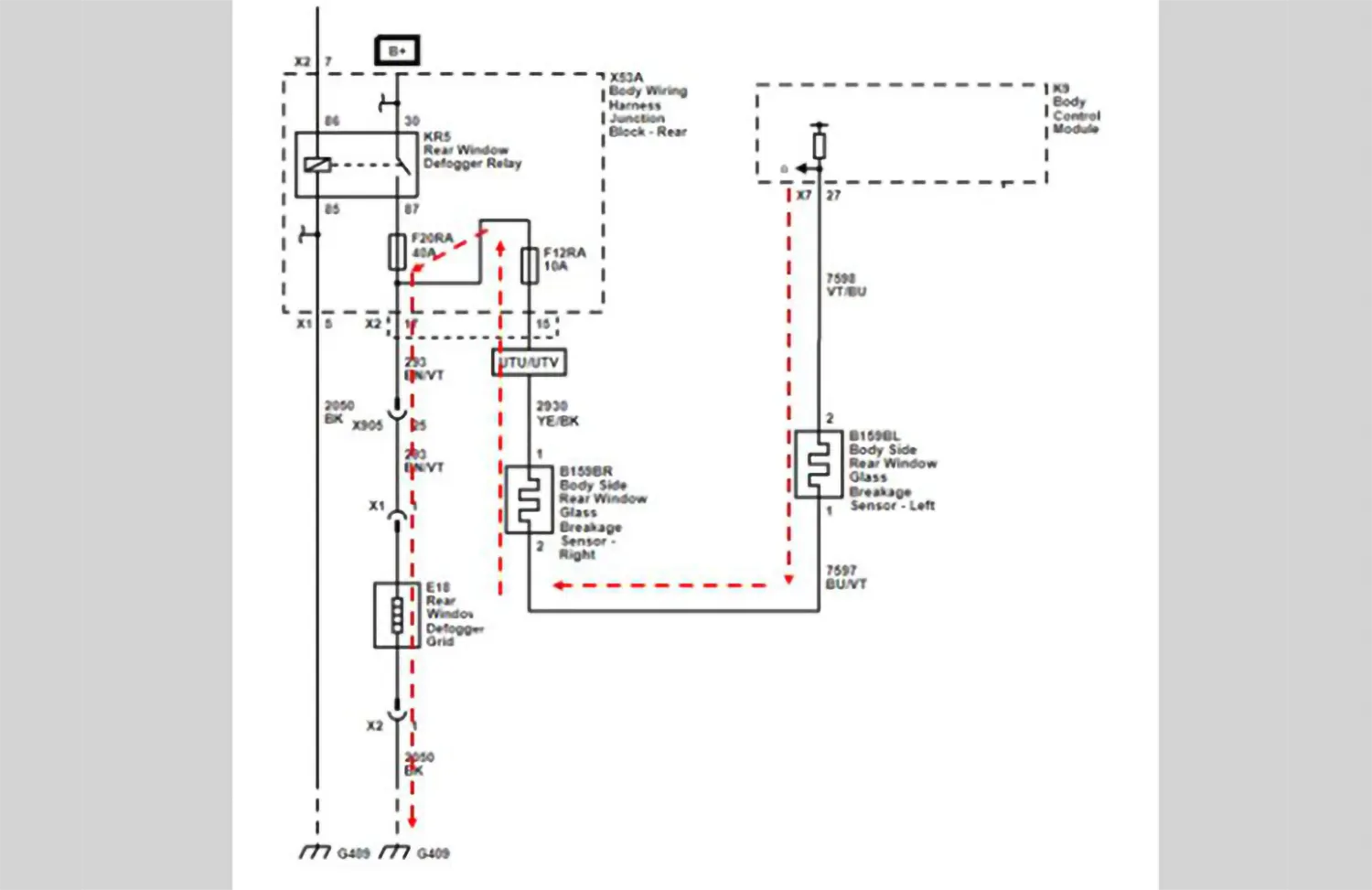 Why Your GM SUV's Alarm Keeps Going Off (And Why the Dealer Might Not Fix It) 2 An electrical wiring diagram from General Motors illustrating the glass breakage loop, with a dotted red line showing the rear window defogger and quarter glass sensors connected in series.