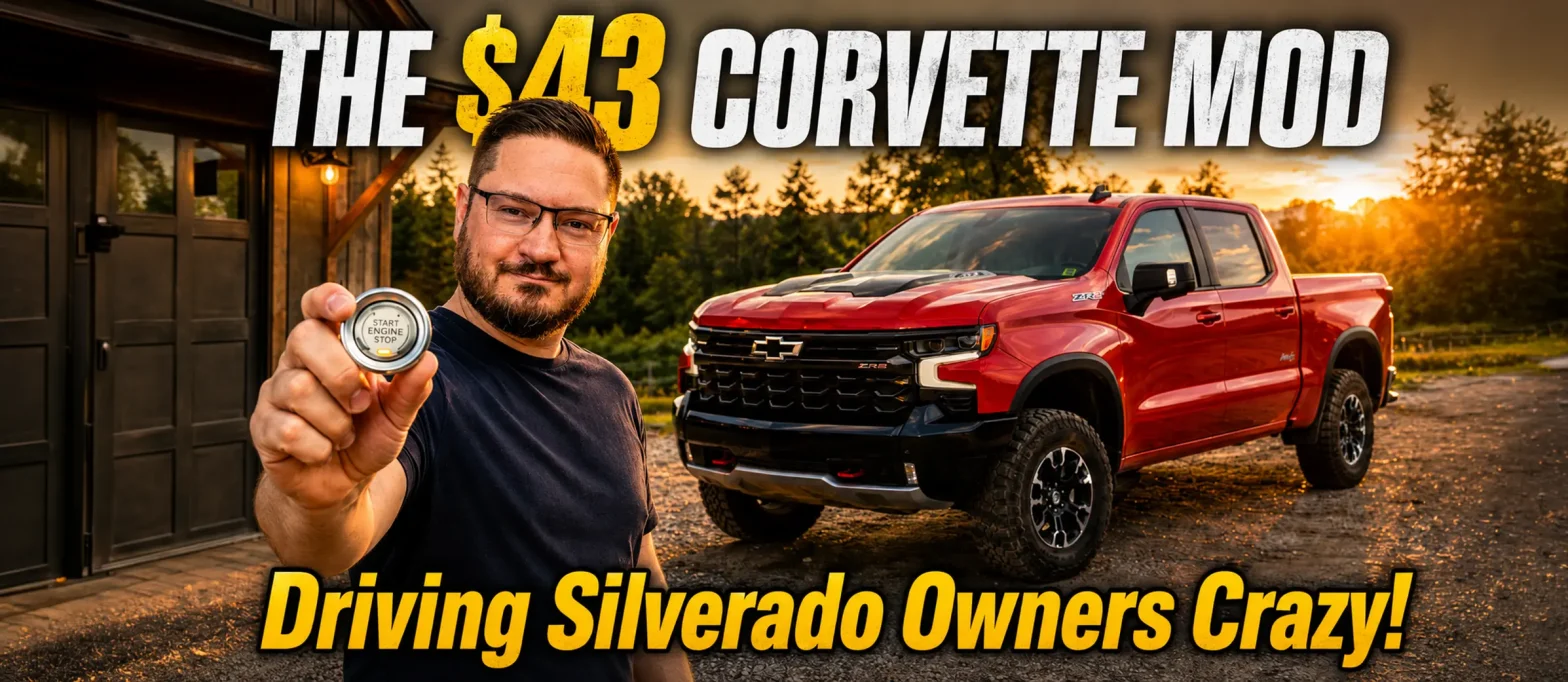 Zane Merva holding a metallic C8 Corvette push-to-start button next to a red Chevrolet Silverado ZR2 truck at sunset.