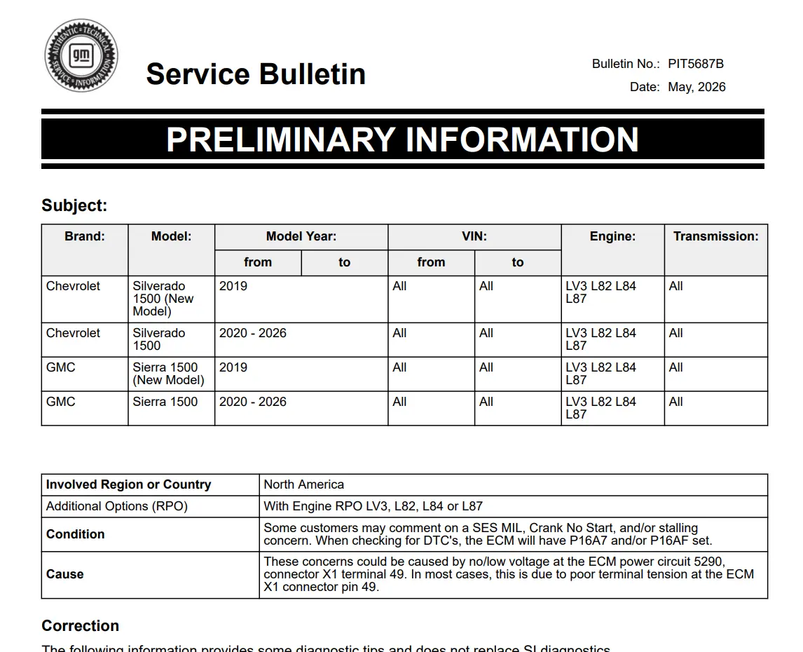 P16A7 & P16AF: The Loose ECM Pin Stalling 2019-2026 GM Trucks 2 A digital screenshot of General Motors Technical Service Bulletin PIT5687B, outlining the crank no-start and stalling condition for 2019 to 2026 Chevrolet Silverado and GMC Sierra 1500 trucks.