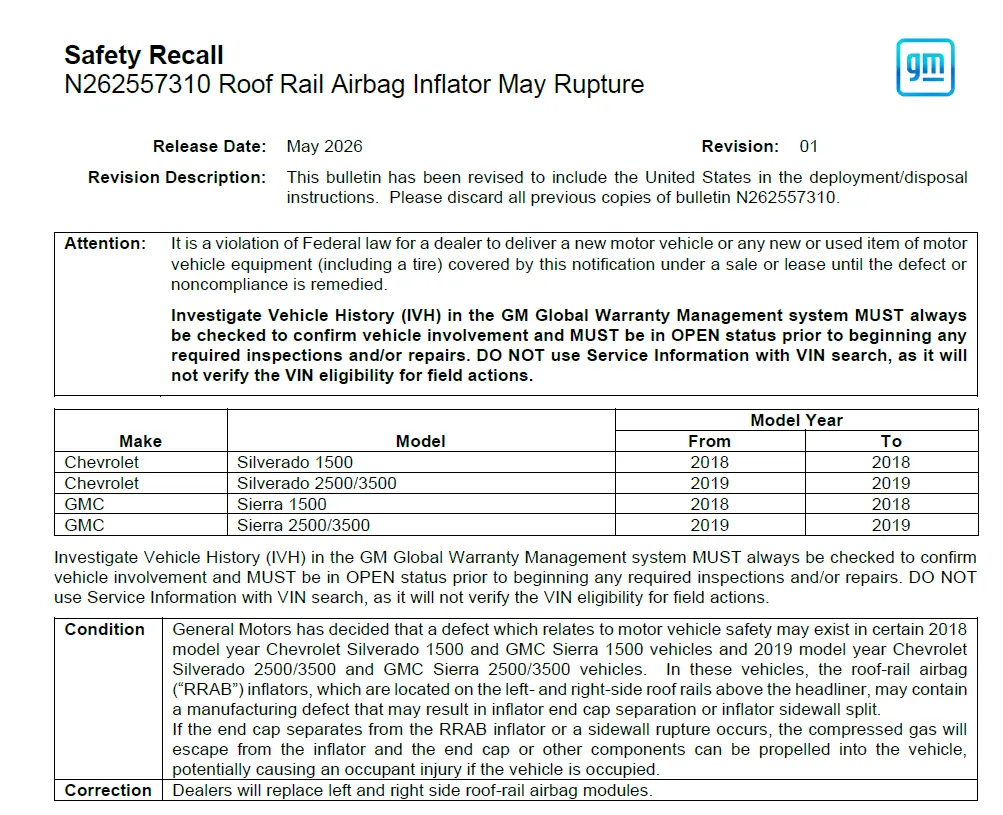 GM Recalls 2,700+ Trucks For Airbags That Can Explode While Parked - How To Check Your VIN 2 A screenshot of the official GM Safety Recall document (Bulletin N262557310) outlining the condition, correction, and a table of affected vehicles including 2018-2019 Chevrolet Silverado and GMC Sierra trucks.