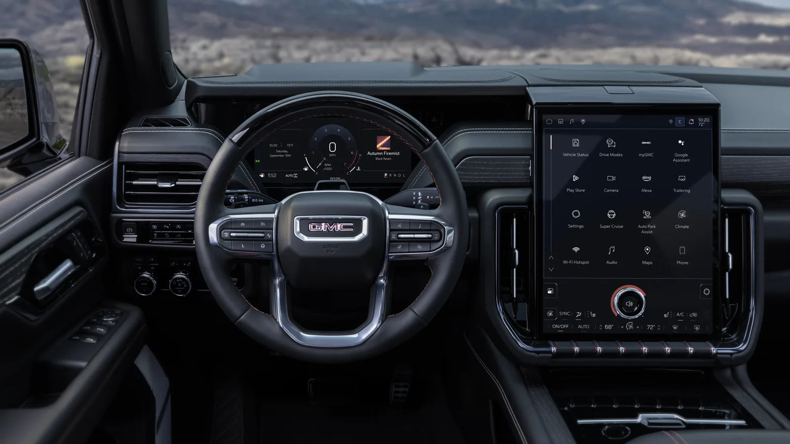 What's New for the 2027 GMC Yukon and Yukon XL 3 Interior dashboard of a 2027 GMC Yukon AT4 showing the digital gauge cluster and central touchscreen with the Super Cruise icon