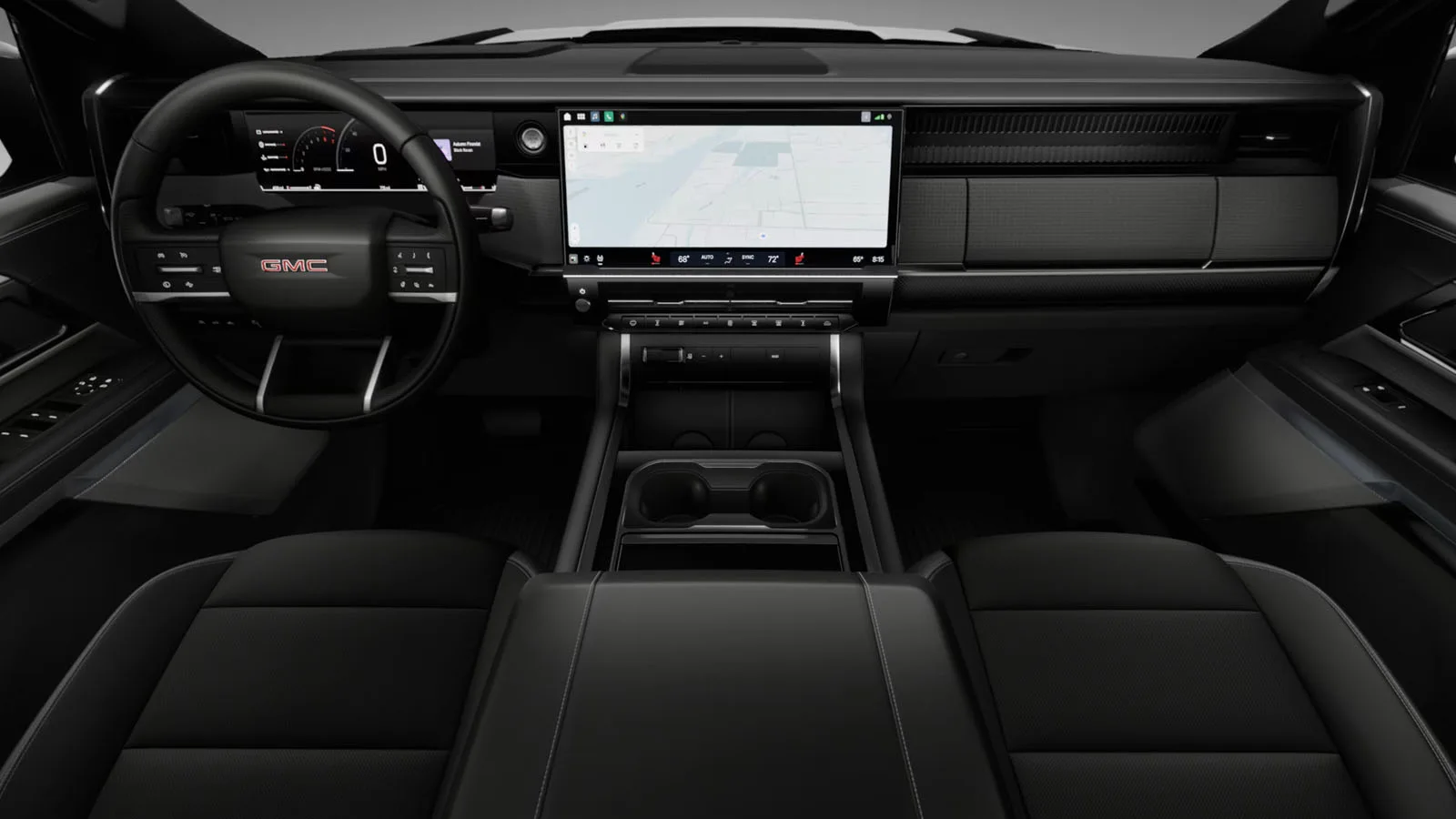 Every 2027 GMC Sierra Interior: Navy, Tan, Mahogany + More 9 Front cabin of a 2027 GMC Sierra 1500 Elevation showing black After Dark seats, dashboard, and center touchscreen