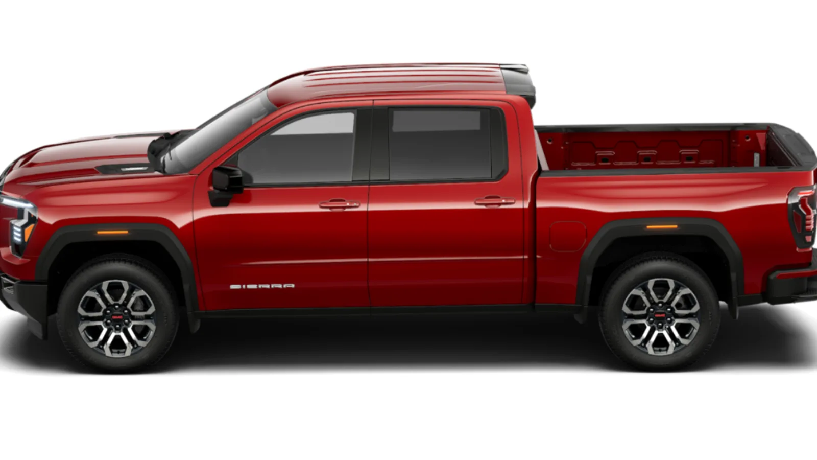 9 Colors, 6 Trims: The 2027 GMC Sierra Paint Guide 4 Side view of a 2027 GMC Sierra 1500 Elevation pickup truck in Mesa Red paint on a white studio background